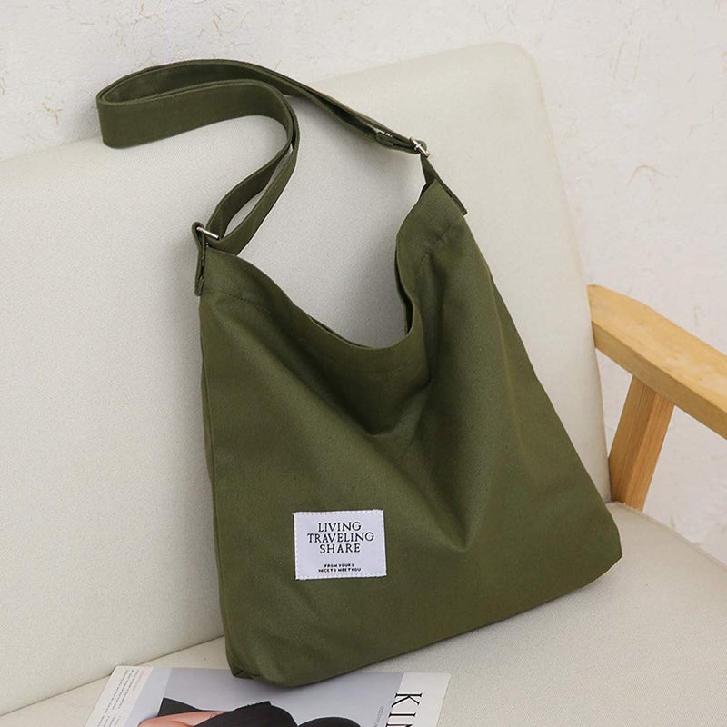 Covelin Women's Retro Large Size Canvas Shoulder Bag Hobo Crossbody Handbag Casual Tote Black Olive - Image 5